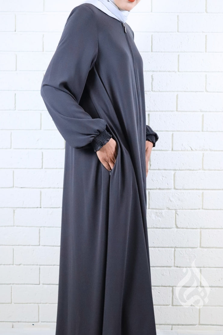 Front Zipped Abaya - Grey