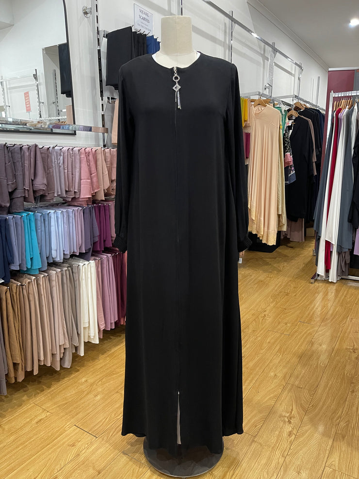 Front Jewel Zipped Abaya - Black