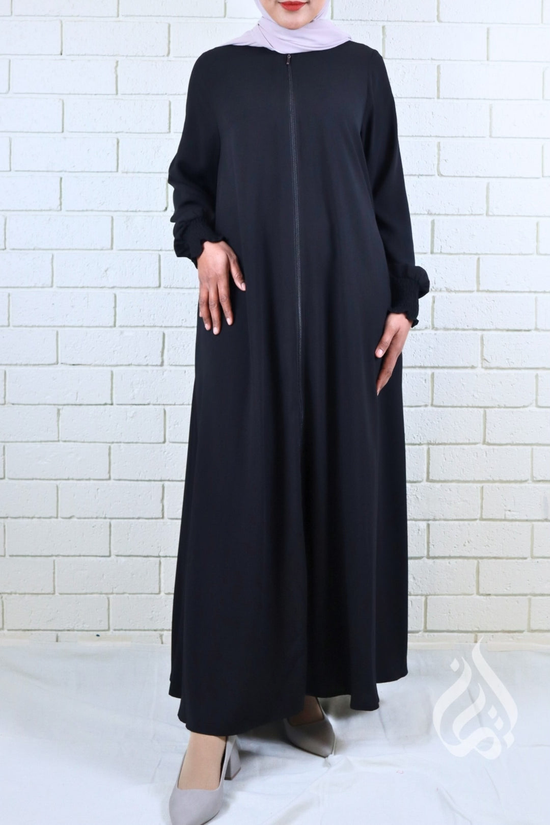knee length dresses for ladies Salam 3 Steel Grey Belted Abaya Dress - Front Zipper & Zipper Sleeves main image 1